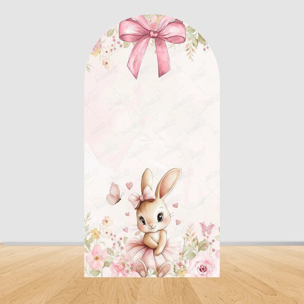 Pink Floral Bowknot Bunny Rabbit Arch Backdrop Cover Girl's Birthday Sweetheart Party Decor Photo Photography Background Props
