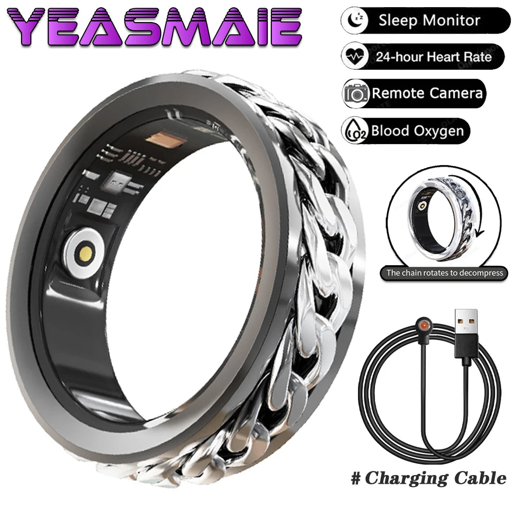 2025 New Smart Ring 360° rotation Chain Bluetooth Health Monitor Blood Oxygen Sleep Heart Rate Multi-sport Modes Men Women Rings