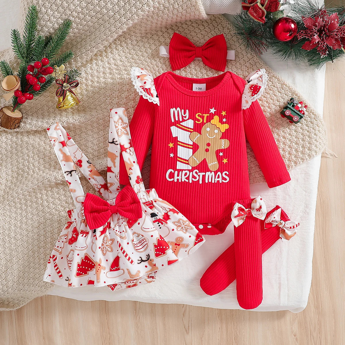 Baby girl cute Christmas costume round neck ruffled long sleeved jumpsuit and suspender jumpsuit, red bow socks and bow headband