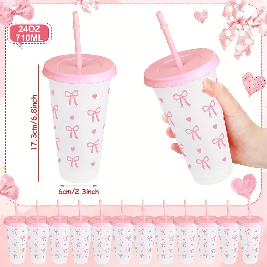 2/20pcs  Reusable Party Cups with Straw & Lid Cute Bow Plastic Tumblers for Cold Drinks Home Office Outdoor Use