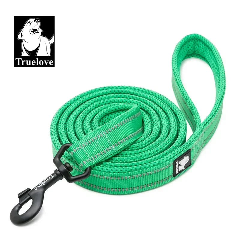 Reflective nylon pet leash by I YAN showing padded handle, adjustable length, suitable for large dogs or cats, in multiple colors