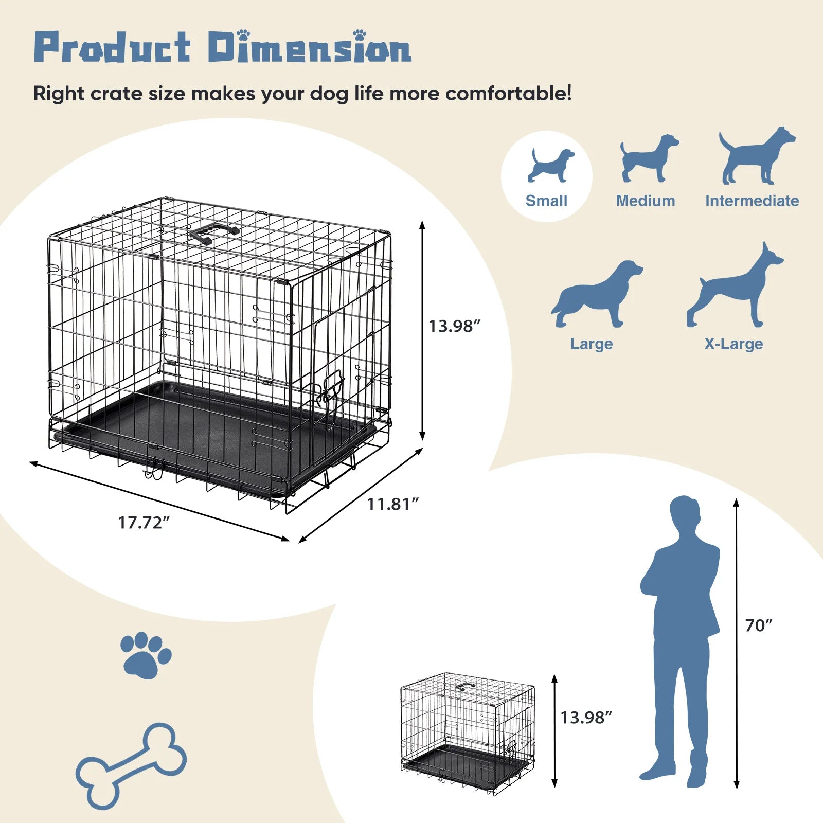 I YAN 18-inch metal dog crate with single door, secure lock, foldable design, removable tray, suitable for small dogs and puppies.