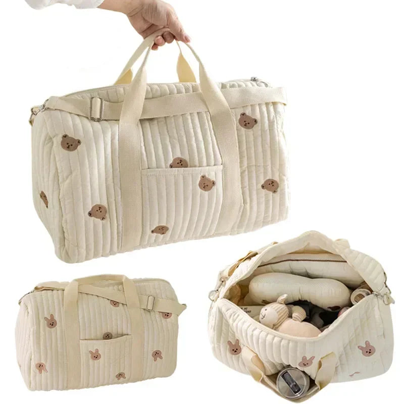 I YAN Mommy Bear Maternity Diaper Bag with stroller straps, multiple compartments, and portable tote for travel and baby care.
