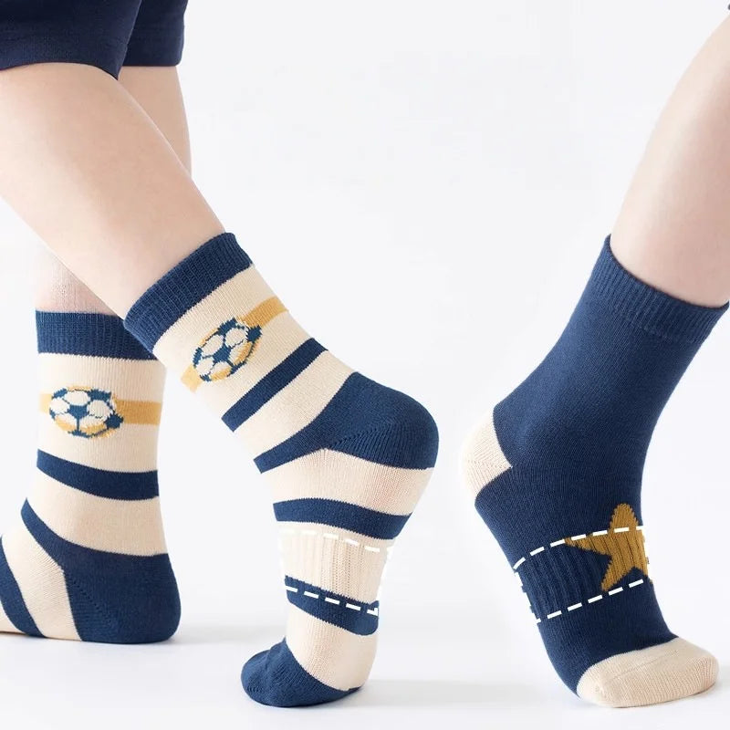 5 Pairs Children's' Socks Spring Autumn Cotton Socks Kids Striped Football Pattern Sock 1-14T Boys Mid-calf Length