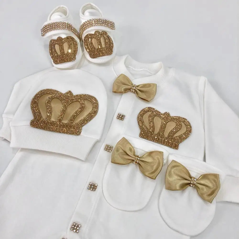 Luxury Newborn Baby Romper Set 4-Piece – Crystal Crown Layette for Photography & Coming Home - I YAN