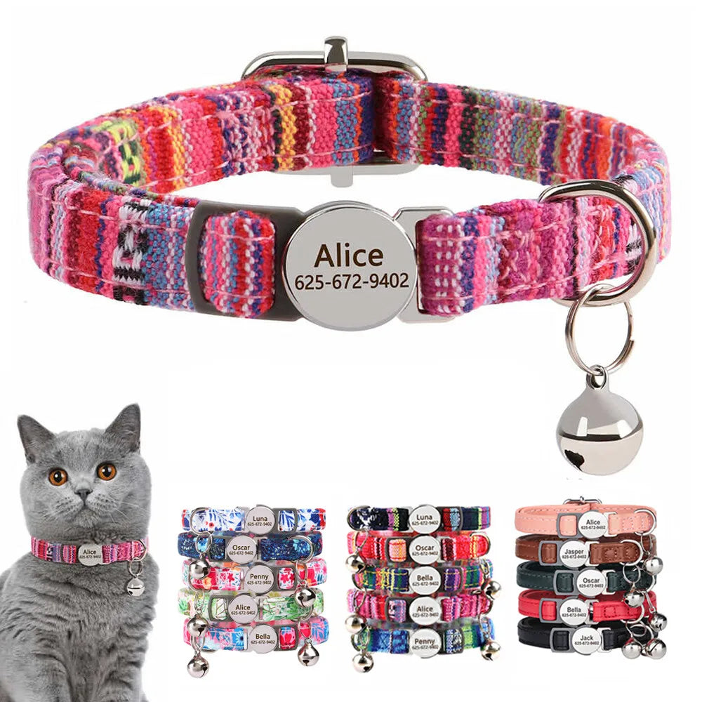Cute Breakaway Personalized Kitten Cat Collar & Bell Safety Buckle Quick Release Custom Engraved Name ID Tag