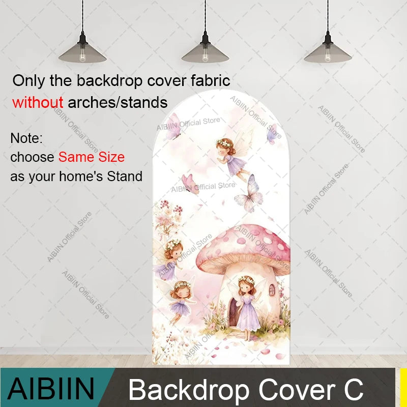 Fairy First Birthday Arch Backdrop Cover Mushroom House Door Butterfly Fairy Pink Floral Kids Cake Party Decor Background