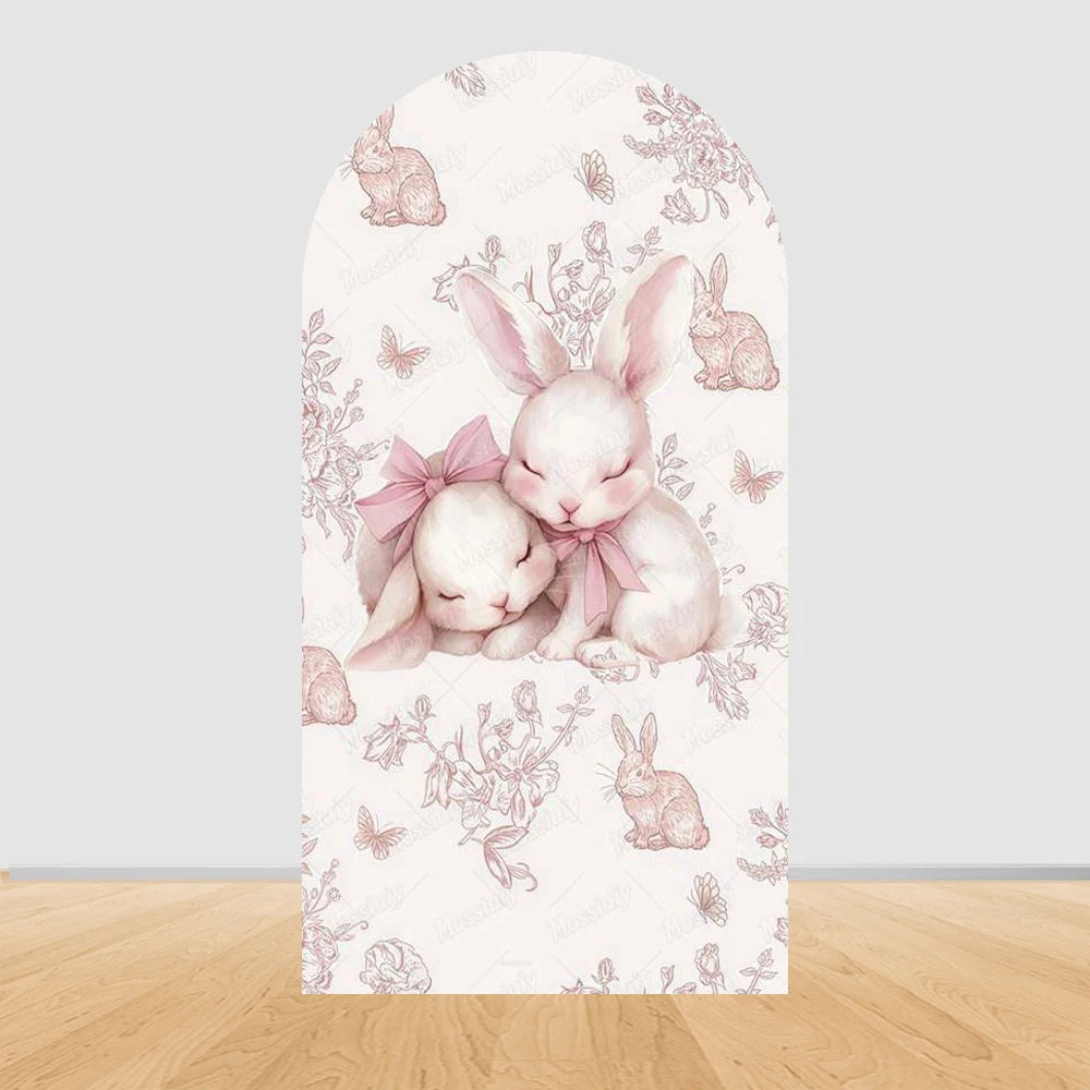 Pink Floral Bowknot Bunny Rabbit Arch Backdrop Cover Girl's Birthday Sweetheart Party Decor Photo Photography Background Props
