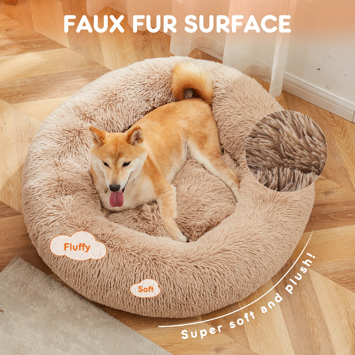 I YAN JHK calming dog bed for medium to large dogs, round plush faux fur, washable, anti-slip, fluffy pet bed for comfort