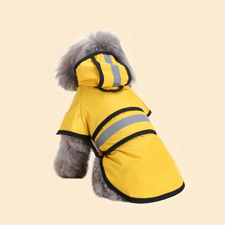 Adjustable waterproof and windproof dog raincoat by I YAN, showing a pet wearing the dry, comfortable raincoat in a natural outdoor setting.