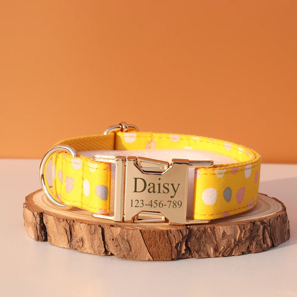 Personalized I YAN dog collar with engraved ID tag for small to large dogs, featuring customizable name and phone number.