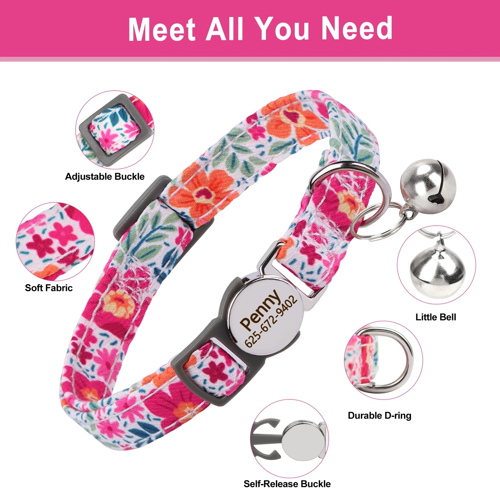 Cute Breakaway Personalized Kitten Cat Collar & Bell Safety Buckle Quick Release Custom Engraved Name ID Tag