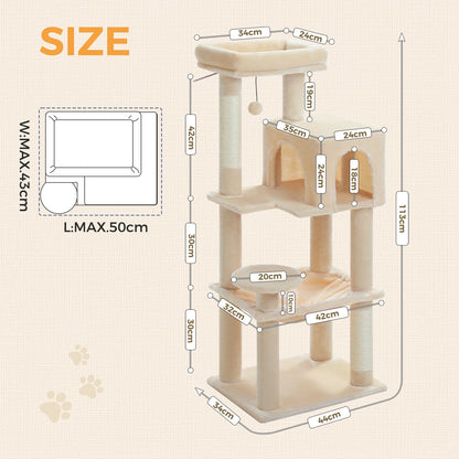 I YAN 5-level cat tree with top perch, soft condo, sisal scratching post, pompom toy, hammock, and anti-tip kit in natural finish.