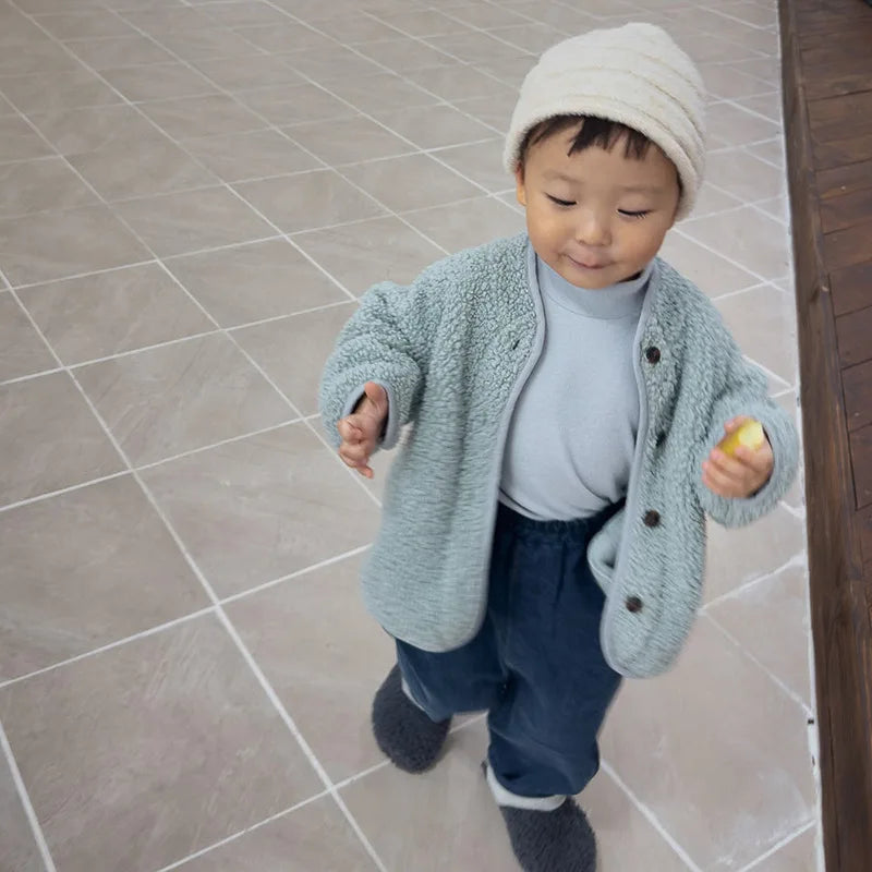 5125 Korean Children's Clothing 2024 Winter Boys and Girls Pure Color Lamb Wool Coat Plus Velvet Padded Jackets