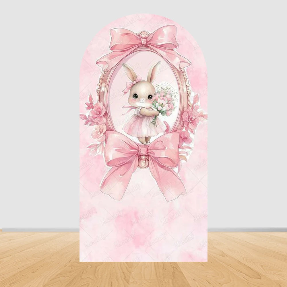 Little Rabbit Pink Flower Bow Baby Girl Birthday Party Arch Backdrop Cover Bunny Baby Shower Arched Photo Background Decor Props