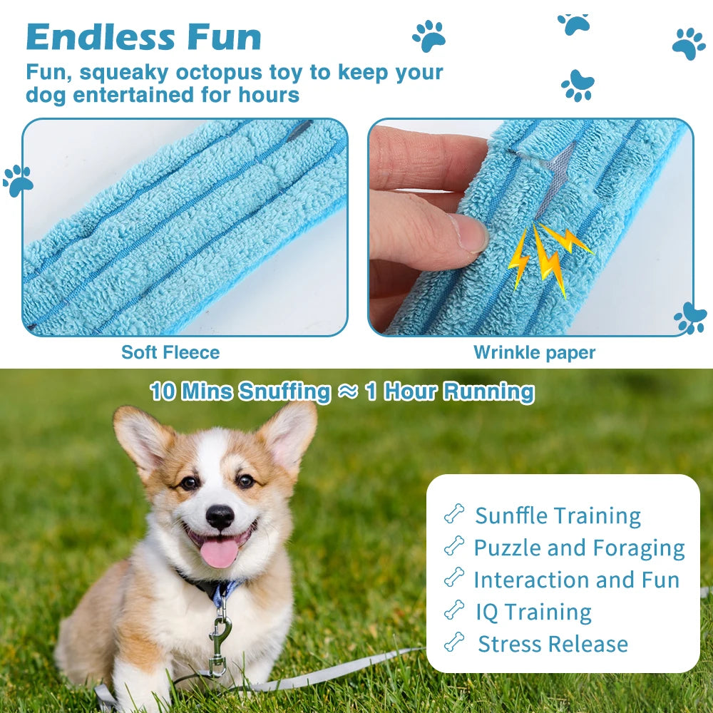 I YAN dog snuffle octopus plush toy, an interactive puzzle and slow feed chew toy for dogs, featuring colorful plush octopus design