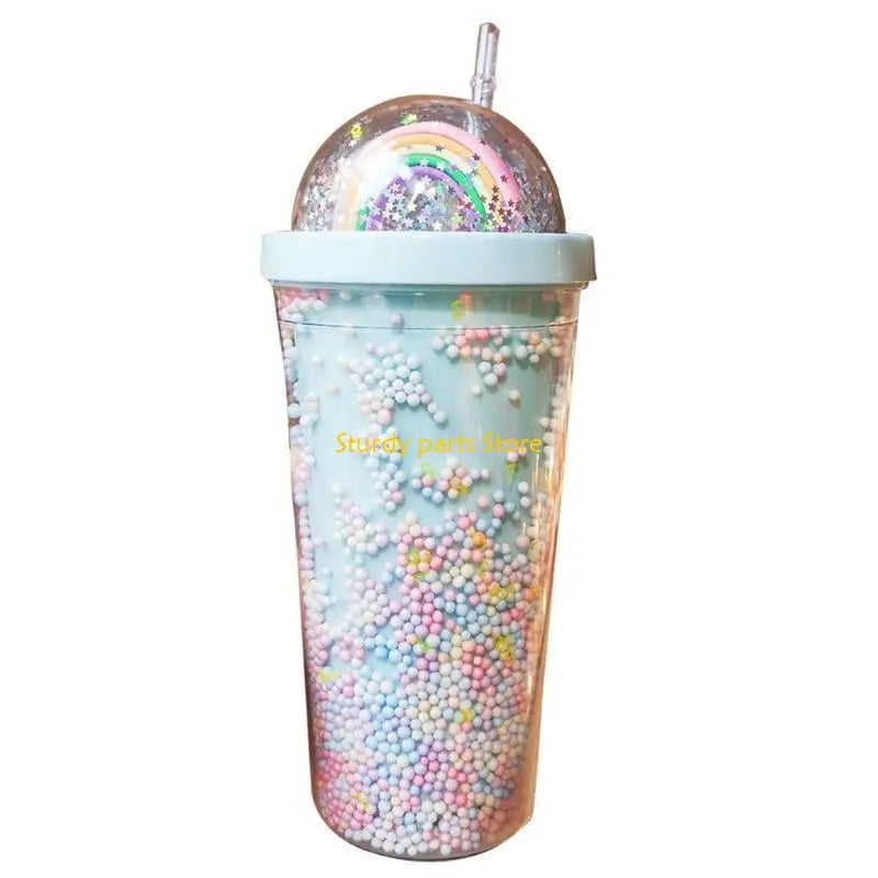 97QC 550ml Rainbow Plastic Water Bottle Double Layer Sequins Drinking Cup with Straw