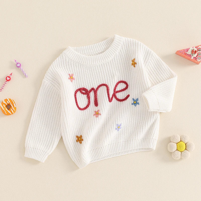 Baby Girl First Birthday Outfit One Embroidery Sweater Pullover Oversized Knit 1st Birthday Winter Cute Clothes