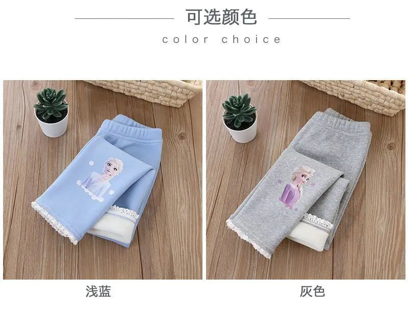 Disney Frozen Elsa Princess Girls Cotton Pants Baby Girls Winter Velvet Warm Long Pants Children's Cartoon Outerwear Leggings