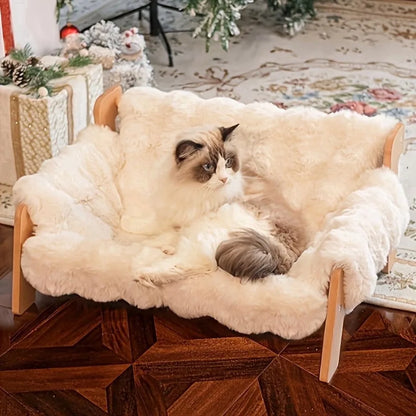 I YAN cat sofa bed with wooden frame, washable fluffy cushion, and cooling mat for indoor cats, raised pet couch with comfortable design.