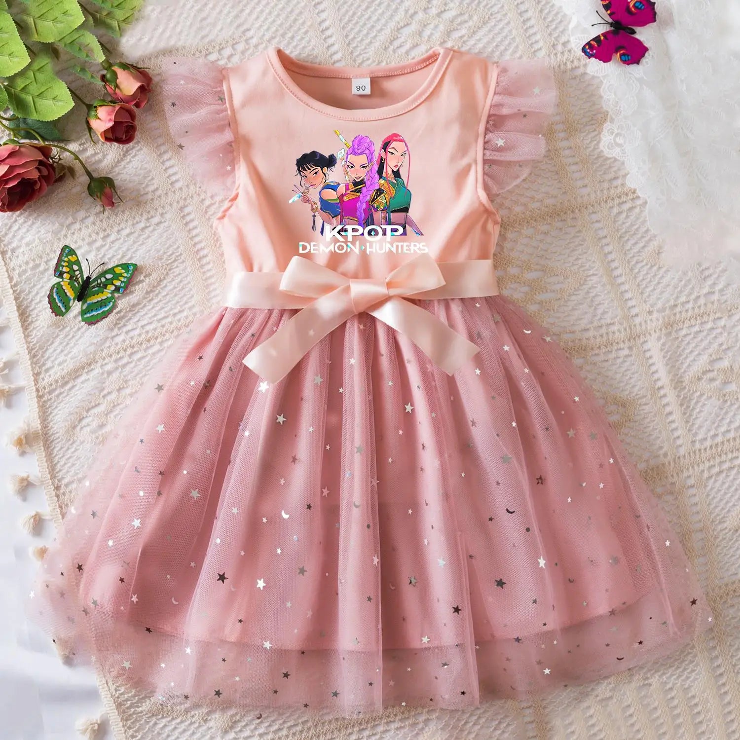 K-Pop Hunters Zoey Rumi Girls Sequin Tutu Dress with Bow Flutter Sleeves Summer Princess Party Outfit for Toddler Kids 2-6 Years