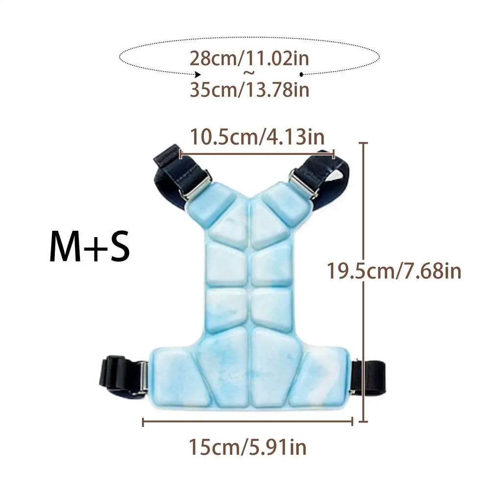 I YAN gel dog cooling vest harness on a small dog, lightweight heat relief for small and medium dogs in a close-up shot