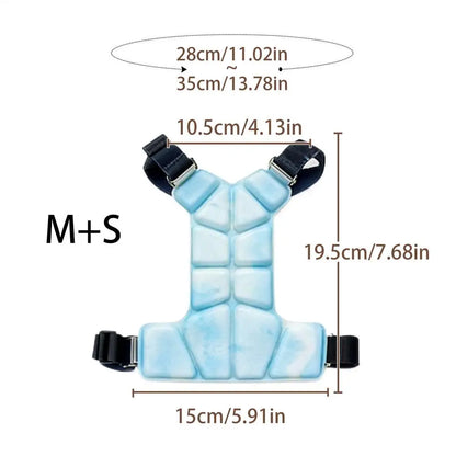 I YAN gel dog cooling vest harness on a small dog, lightweight heat relief for small and medium dogs in a close-up shot