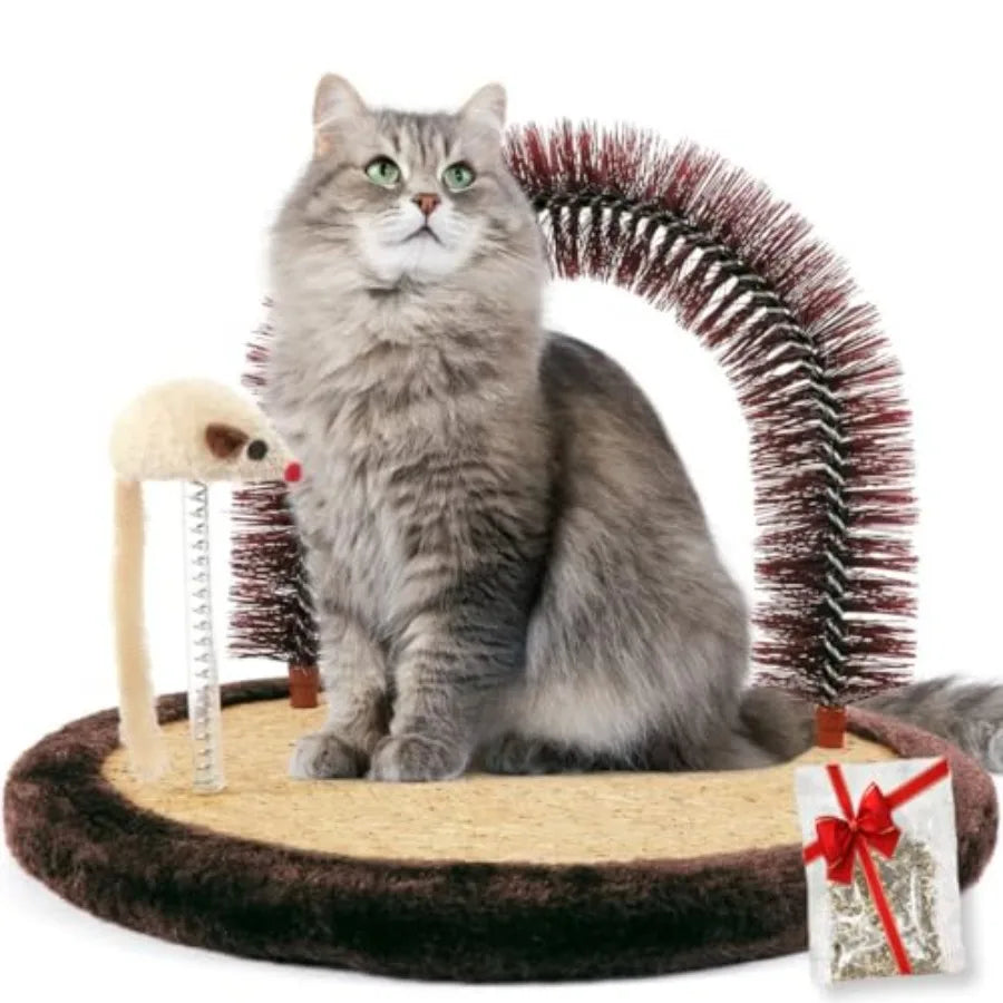 I YAN Cat Self Groomer with wooden scratching pad, grooming brush, rubbing post, and face scratcher for cats' grooming and play.