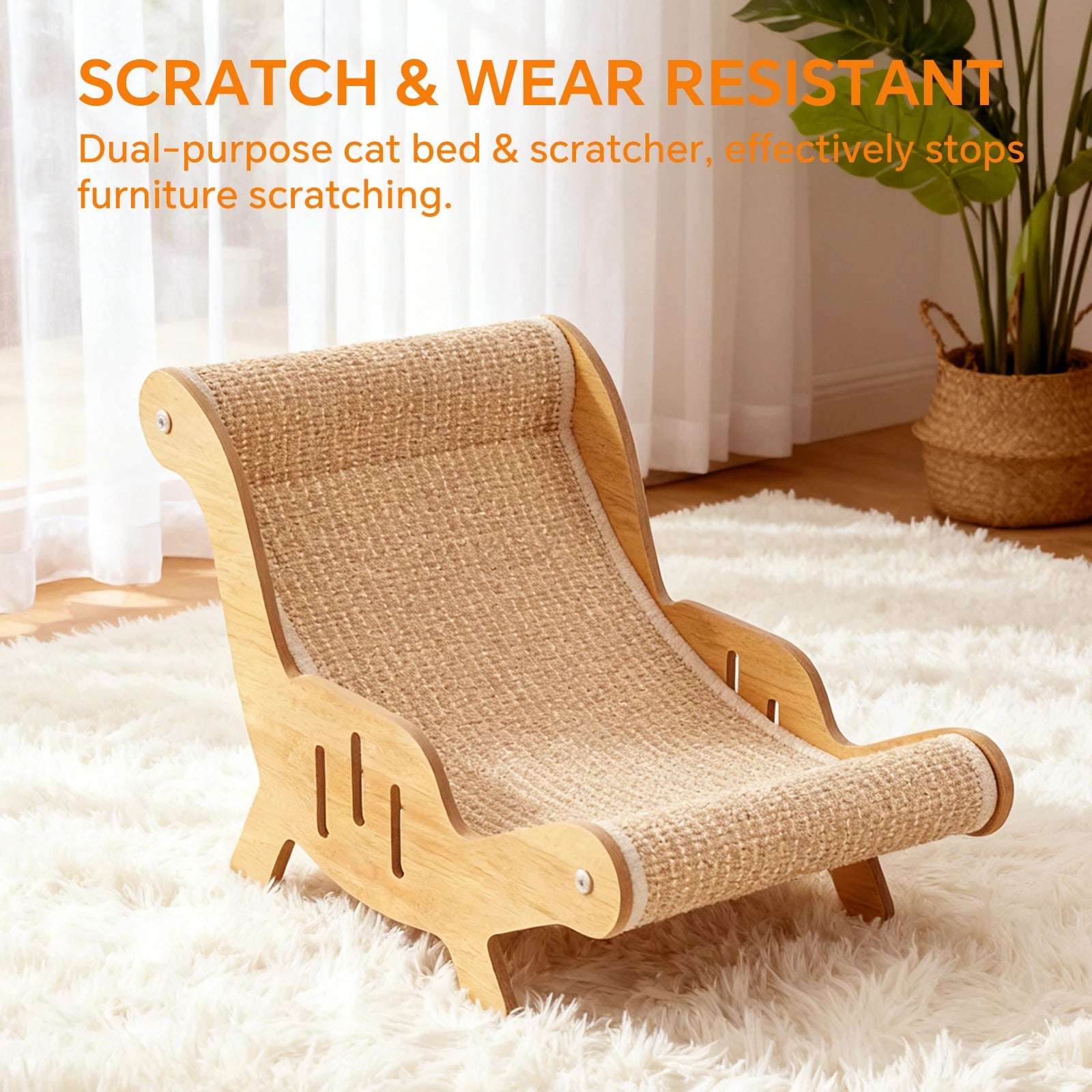 2 in 1 Wooden Cat Scratcher Bed, Multifunctional Cat Recliner Scratching Board with Replaceable Wear Resistant Scratch Pad, Stable Cat Lounge Furniture for Kitten Resting Grinding Claws