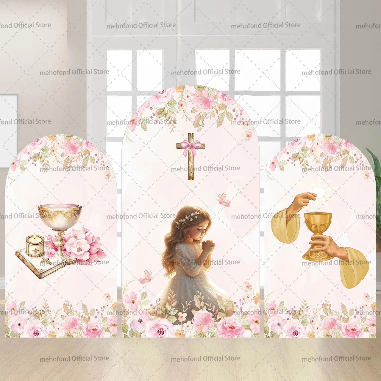 Mehofond Custom 2-Sided My Baptism God Bless First Communion Party Girl Baby Shower Cover Chiara Arch Background Decor Backdrop