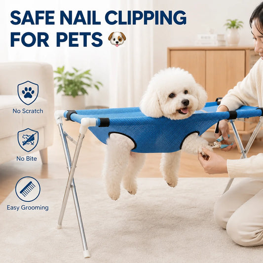 Foldable pet grooming hammock stand by I YAN with breathable mesh fabric for easy, comfortable pet grooming sessions.