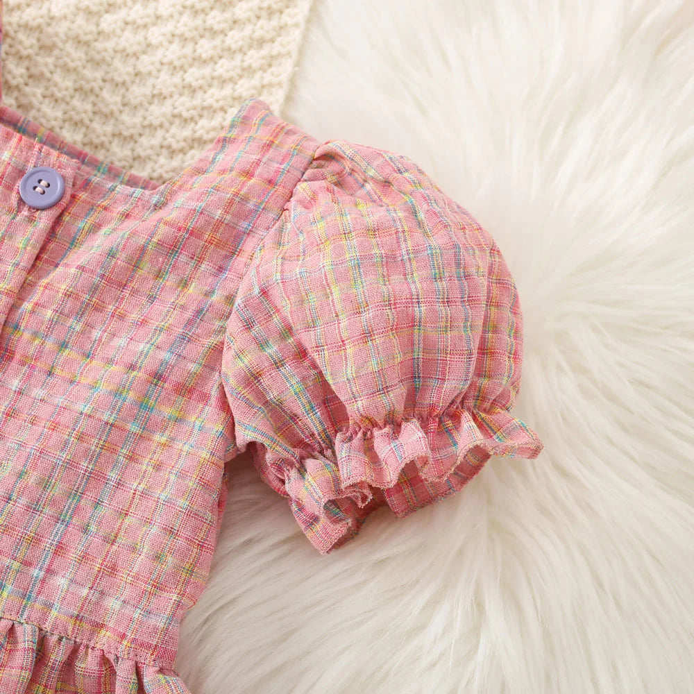 Cute summer baby girl cotton plaid bubble sleeve top and shorts set by I YAN for ages 0-3, featuring a princess style design.