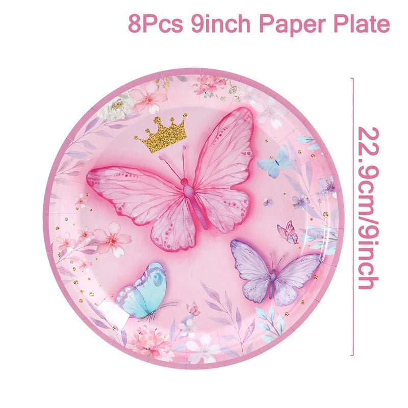 Butterfly Birthday Party Decoration Kids Girls Butterfly Party Disposable Tableware Paper Cup Plate Birthday Baby Shower Party - I YAN