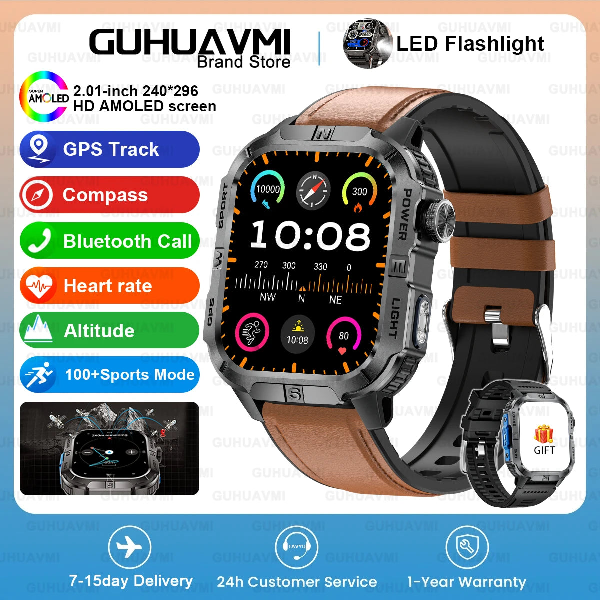 New Dual-Band Satellite GPS Smart Watch Men 2.01'' HD Screen Compass Military Flashlight Watches Waterproof Swim Smart Bracelet