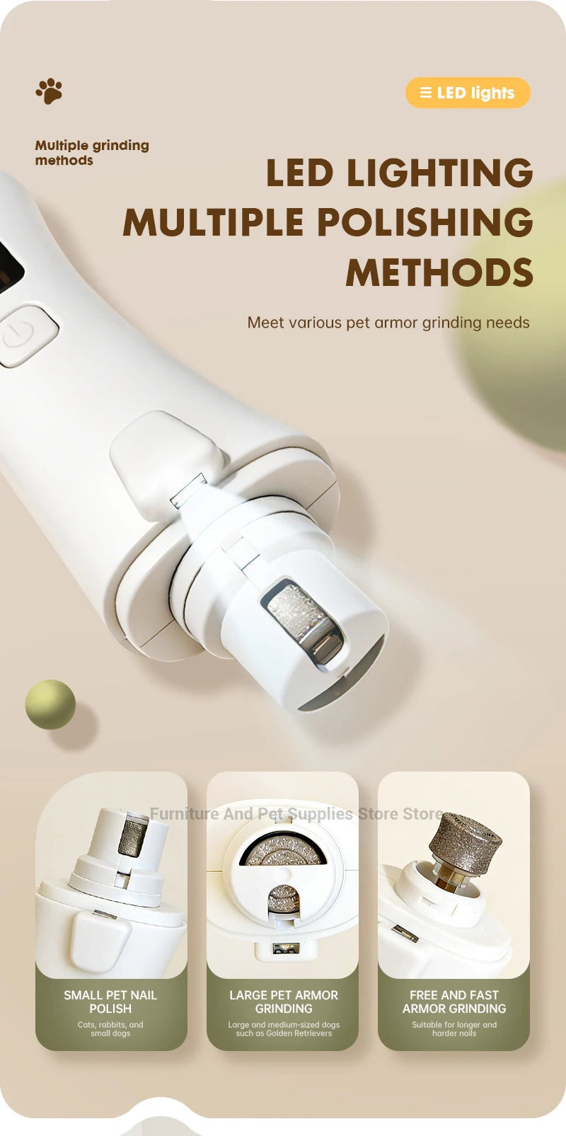 I YAN 2-in-1 electric pet nail trimmer with LED lights, suitable for dogs and cats of all sizes, showing the grinder and LED features.