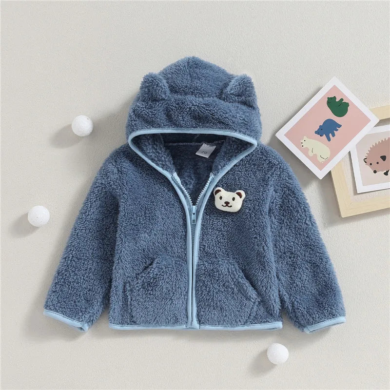 0-24months Unisex Baby Fuzzy Coat 3d Bear Hooded Jacket For Infant Girl And Boy Zipper  Spring Autumn Closure Fleece Outerwear