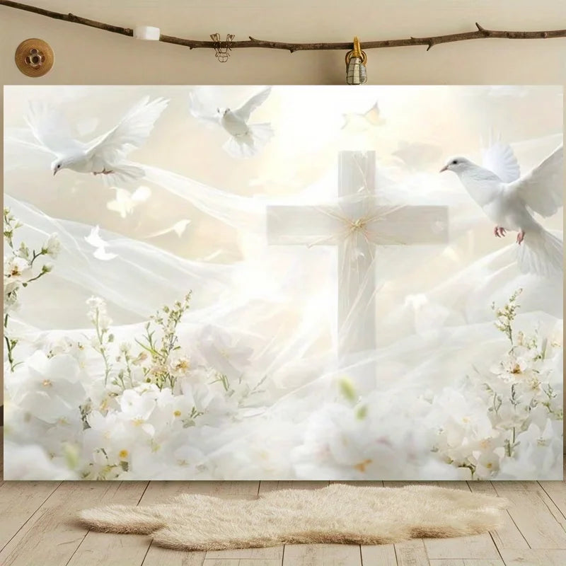 First Holy Communion Backdrop Flower Gold Cross Decor Boy Girl Baby Shower My Baptism Birthday Party Photography Background Prop