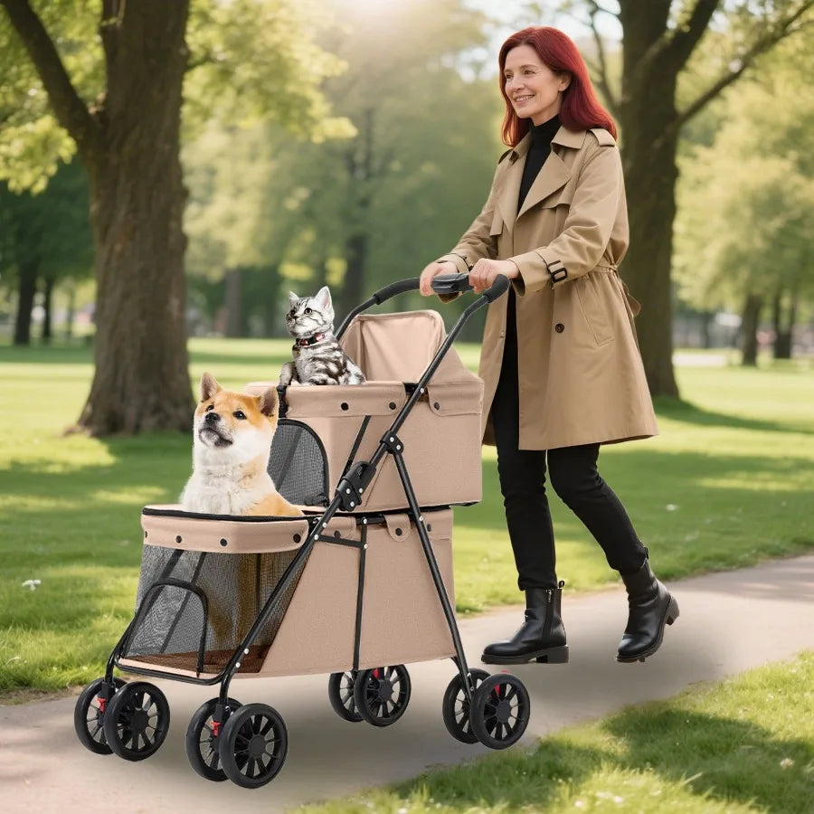 Double Layer Pet Stroller, Foldable Portable Medium Small Cat and Dog Carrier, Breathable Mesh Window, Stable Lightweight 4-Whe