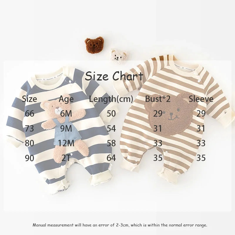 MILANCEL Thicken Lining Boys Baby Rompers Striped Cartoon Girls Jumpsuits Bear Outfit