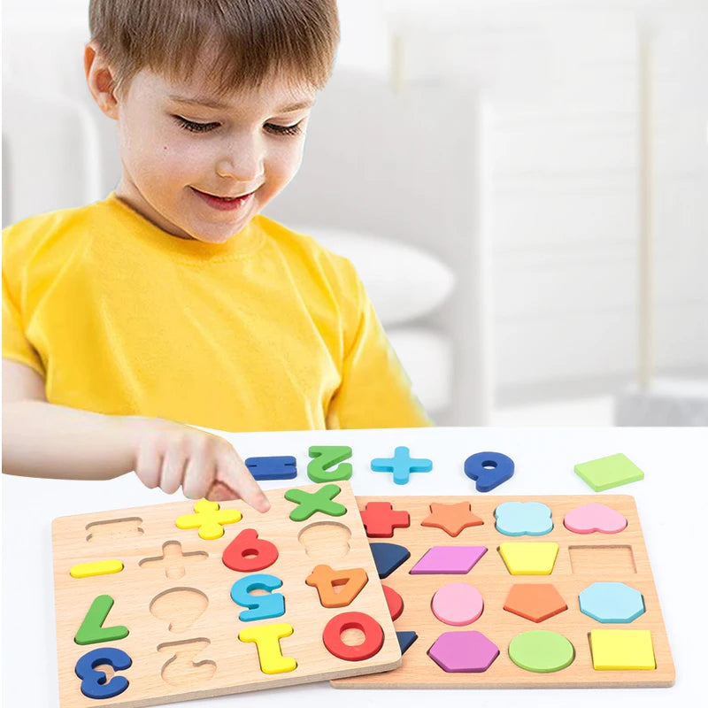 Wooden Montessori puzzle with alphabet, numbers, and geometric shapes for kids by I YAN, educational preschool learning toy.