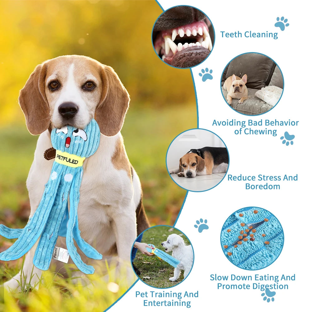 I YAN Dog Snuffle Octopus plush toy, interactive puzzle and slow feed chew toy for dogs, featuring soft plush material and multiple hideouts.