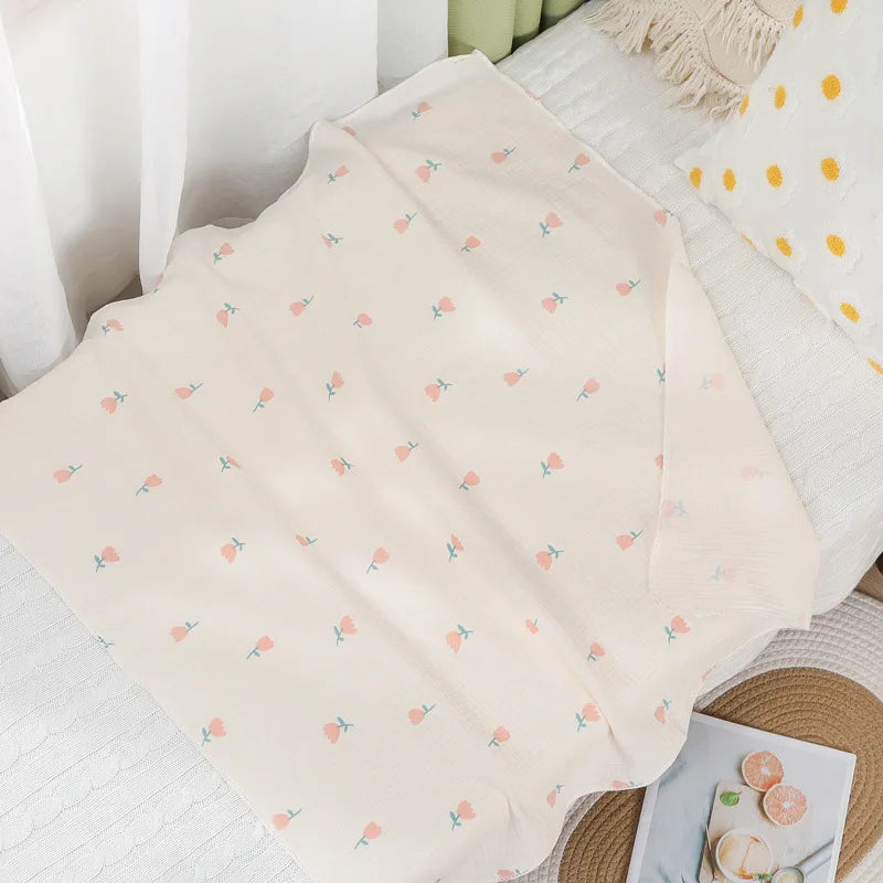 Soft cotton muslin baby swaddle blanket with cute cartoon print, breathable and gentle for newborns by I YAN.