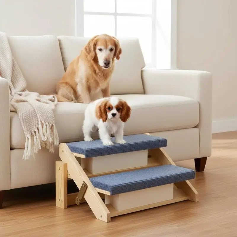 Wood pet stairs by I YAN with 2 steps, sturdy design, foldable, suitable for beds, sofas, and cars for small and medium pets.