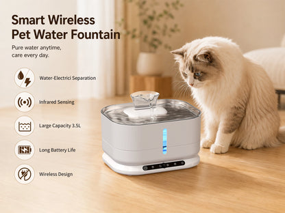 Cordless Cat Water Fountain 3.5L 8000mAh Rechargeable Wireless Pet Water Dispenser Separate Water & Electricity Safe Automatic Circulating Drinking Fountain for Cats Small Dogs
