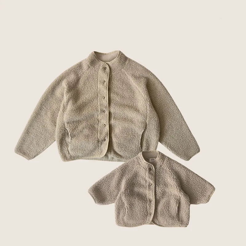 5125 Korean Children's Clothing 2024 Winter Boys and Girls Pure Color Lamb Wool Coat Plus Velvet Padded Jackets