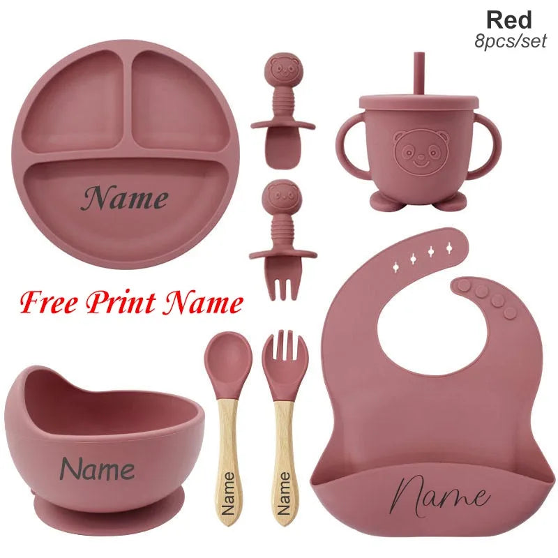 Personalized Baby Feeding Set 8-Piece – Silicone Plate Bowl Cup & Bib with Free Name Print - I YAN