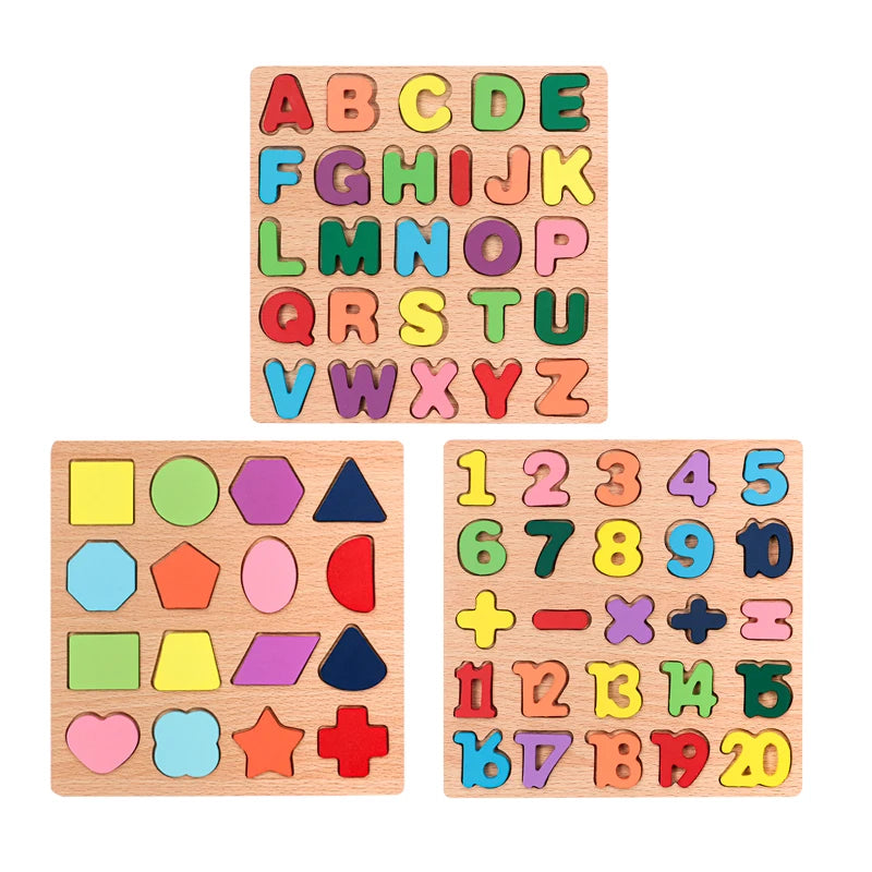Wooden Montessori kids puzzle with alphabet, numbers, shapes, and geometric pieces for preschool learning by I YAN