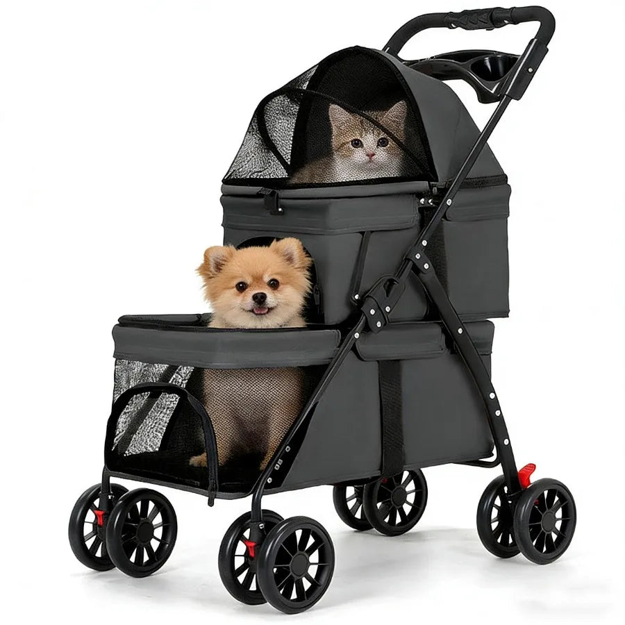 Foldable I YAN double pet stroller for small cats and dogs with lockable wheels and two carriages for easy travel.