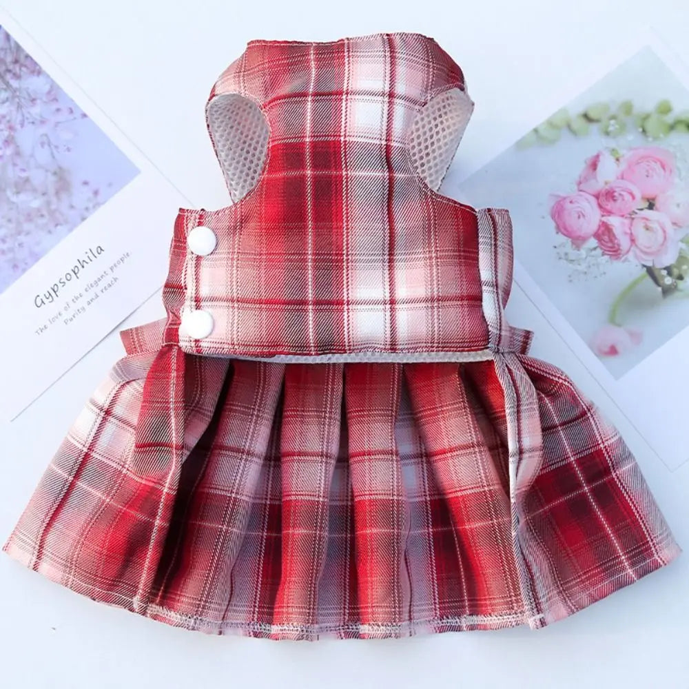 I YAN reusable dog harness and leash set with a plaid dog dress and bow, featuring adjustable, washable Dacron pet skirt and rabbit design.