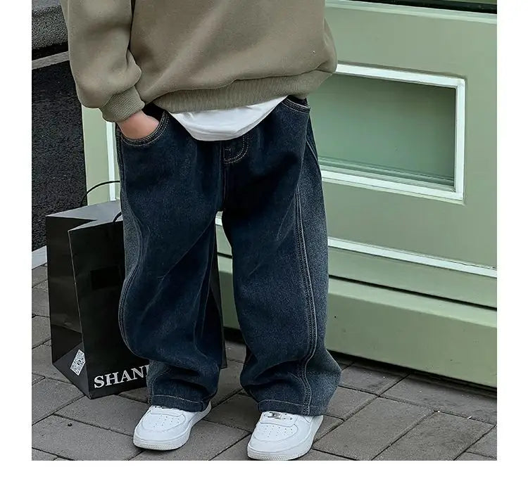 2-12Y Childrens Boys Grils Denim Pants One-piece Fleece Thickened Autumn Winter Casual Kids Baby Boys Pants Toddler Boys Warm Jeans
